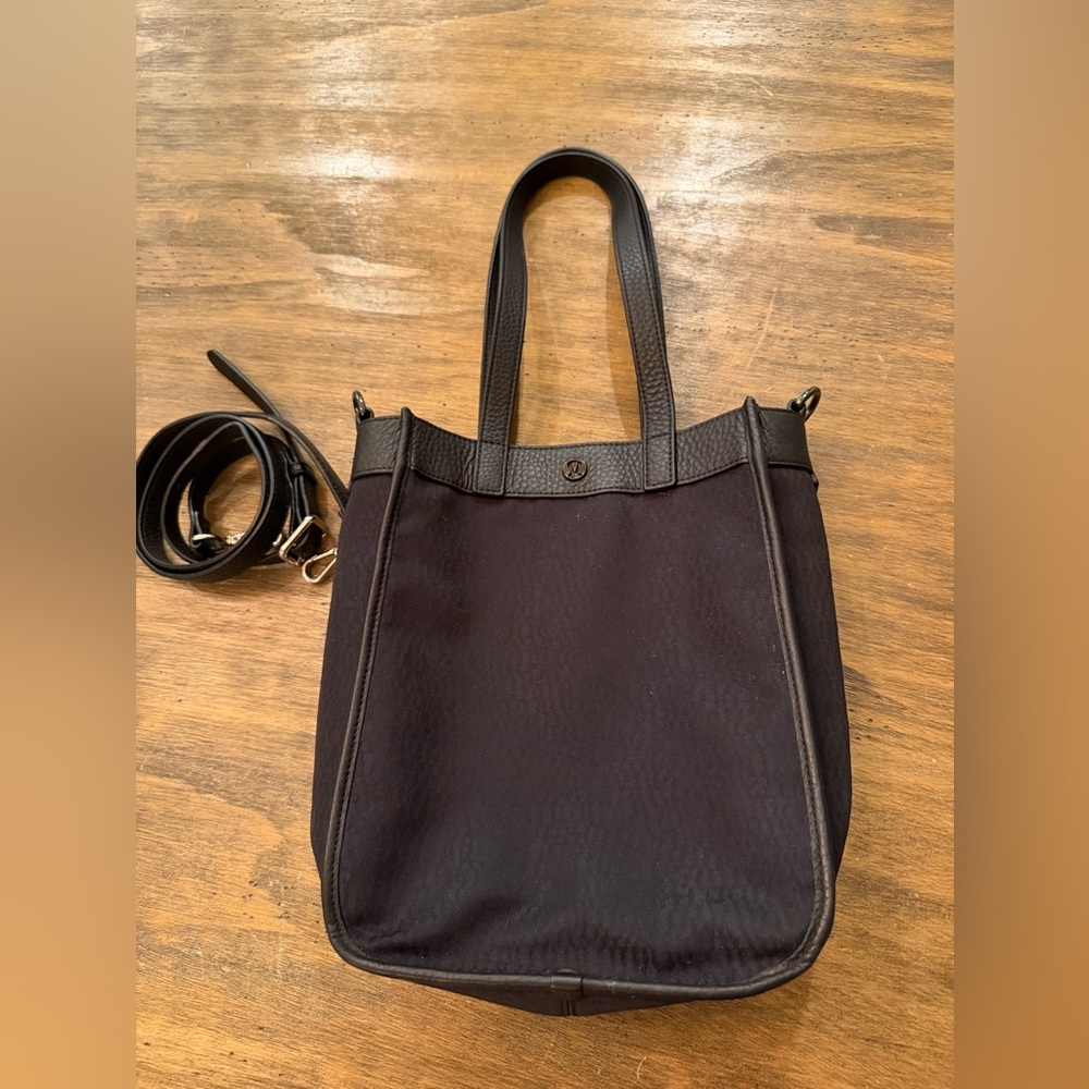 Lululemon Now and Always Mini Tote in black nylon and leather.